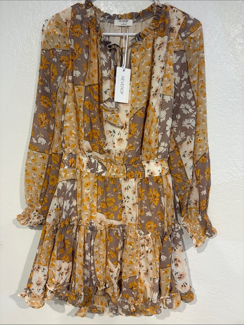 REVEALORE Floral Patchwork Ruffle Long-Sleeve Mini Dress in Mustard & Taupe